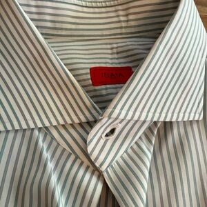 Isaia Men's White and Green Striped Dress Shirt